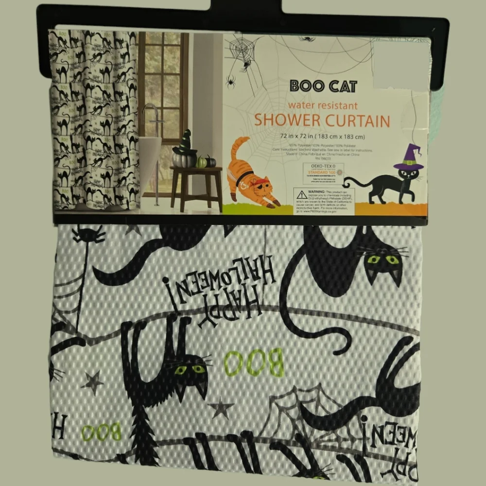 Boo Cat Halloween Water Resistant Fabric Shower Curtain with Black Cats